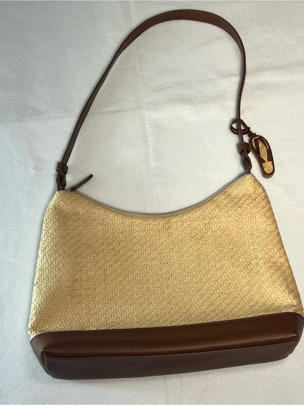 Etienne Aigner Beige Woven Shoulder Bag with Brown Leather Trim